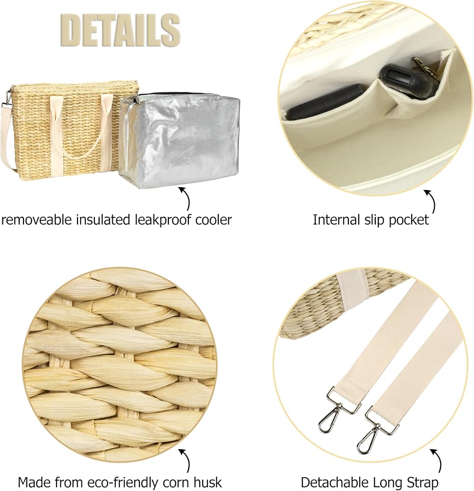 Detail views: removable insulated liner, internal slip pocket, corn husk weave, detachable strap